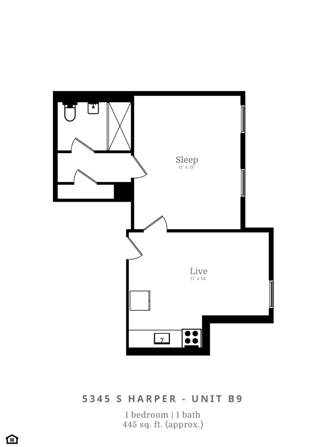Floor plan for 1 bed, 1 bath, 445 sqft